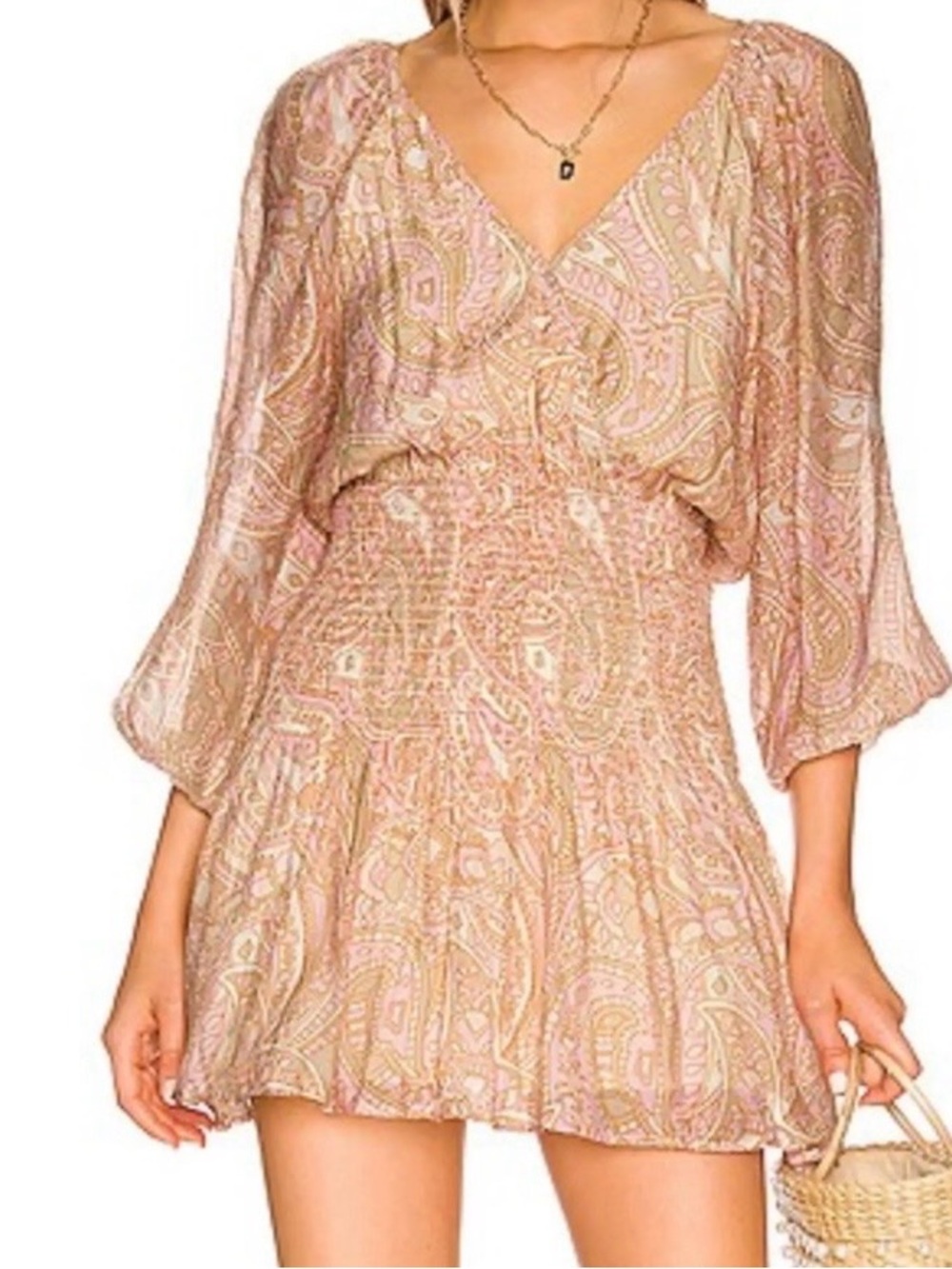 MINKPINK Pink Paisley V-Neck Smocked Mini Dress